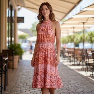 Chic Halter Midi Dress in Coral and Peach